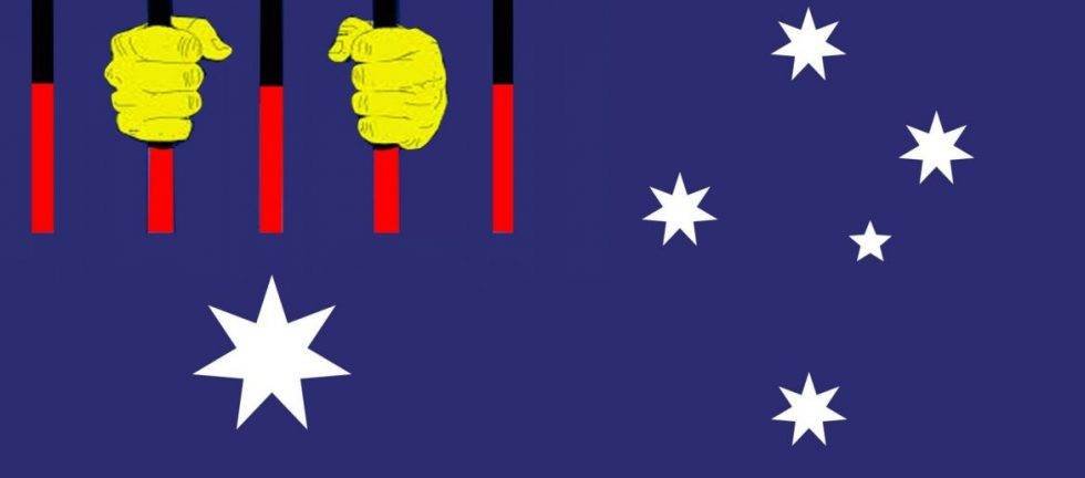 Indigenous Australian flag design featuring three fists behind bars and Southern Cross constellation. Change the Date.