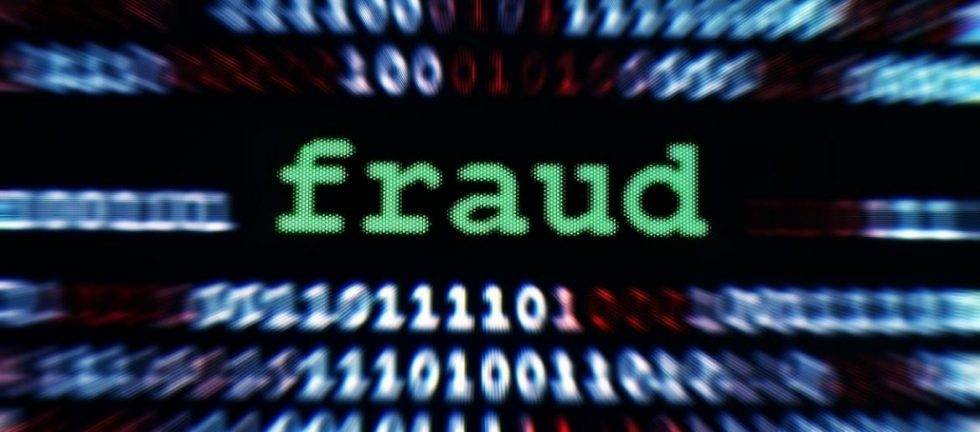 Green "Fraud" text on a blurred binary code background.
