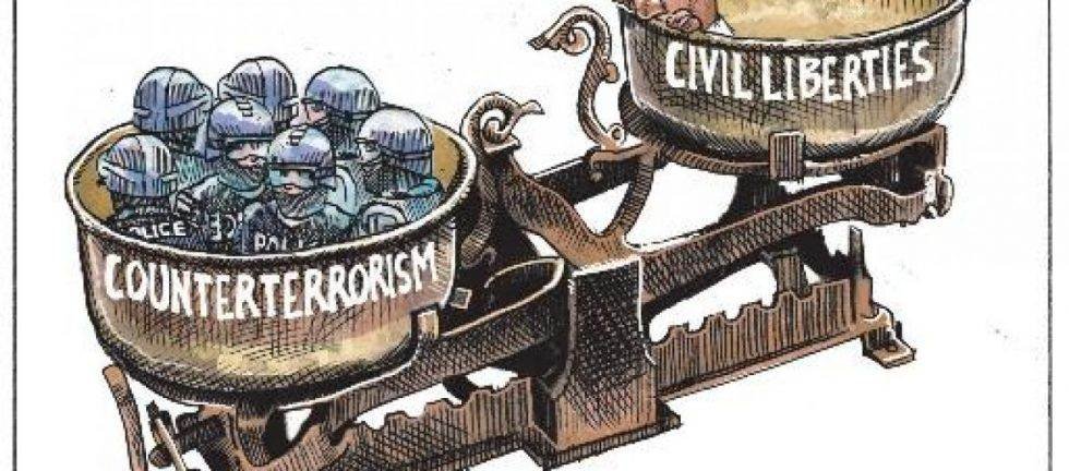 A scale balances counterterrorism efforts (police in helmets) against civil liberties (a person submerged in a bowl).