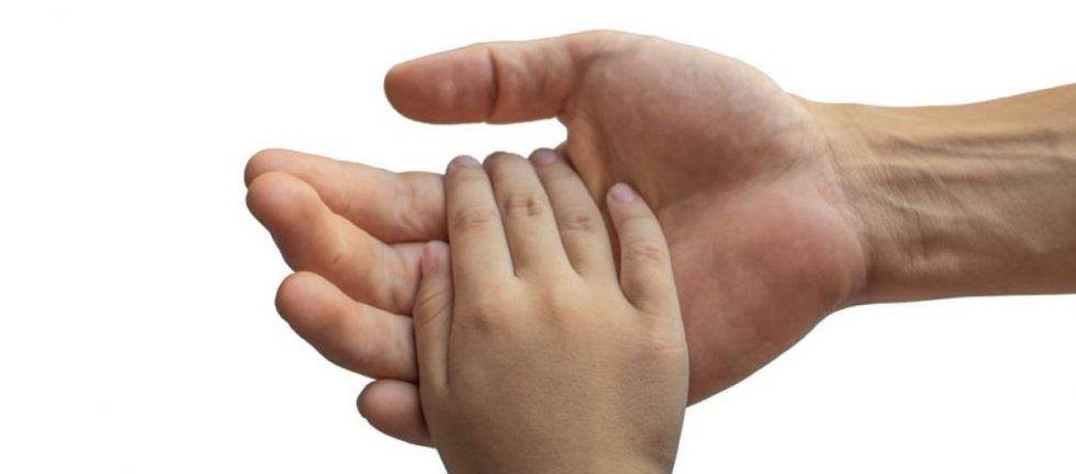 A child's small hand gently held in a larger adult hand, symbolizing care and protection.