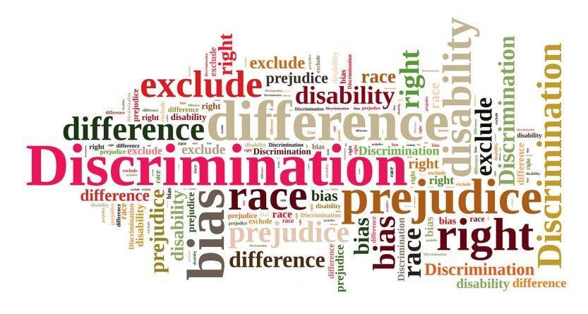 Word cloud showing discrimination, prejudice, bias, race, and disability.