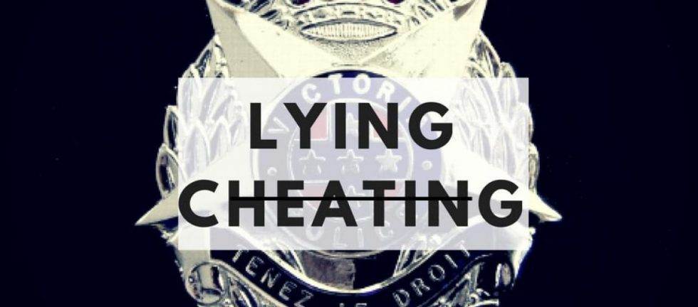 Police badge with "Lying" and "Cheating" overlaid; Victoria Police.