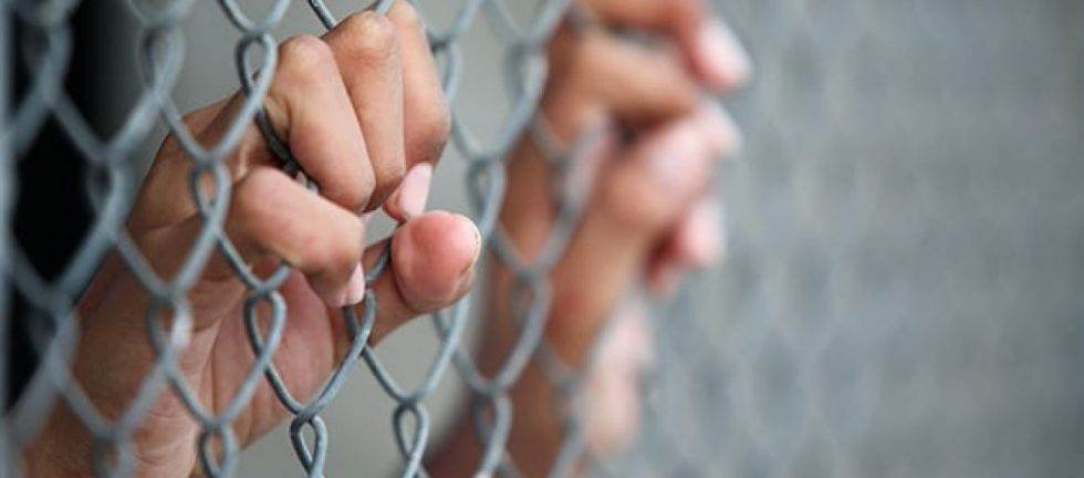 Close-up of hands gripping a chain-link fence.