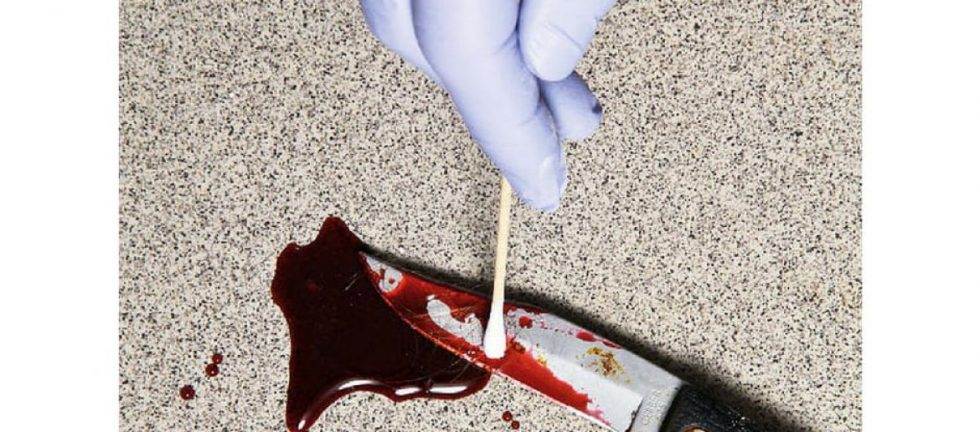 Close-up of a bloody knife; a gloved hand collects evidence with a cotton swab.
