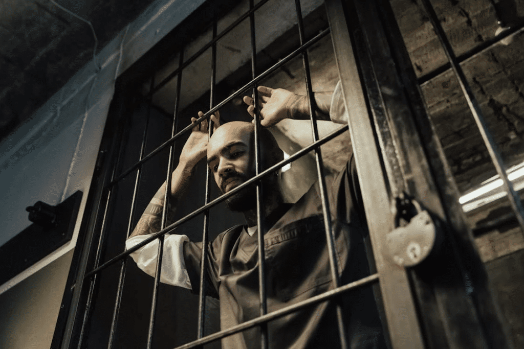 Bald man with tattoos behind bars, looking down. NSW choking offences.