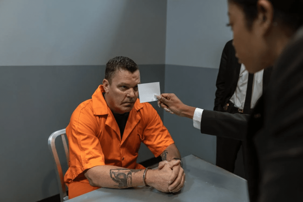 Handcuffed man in orange jumpsuit during police interrogation. Conspiracy to murder investigation.