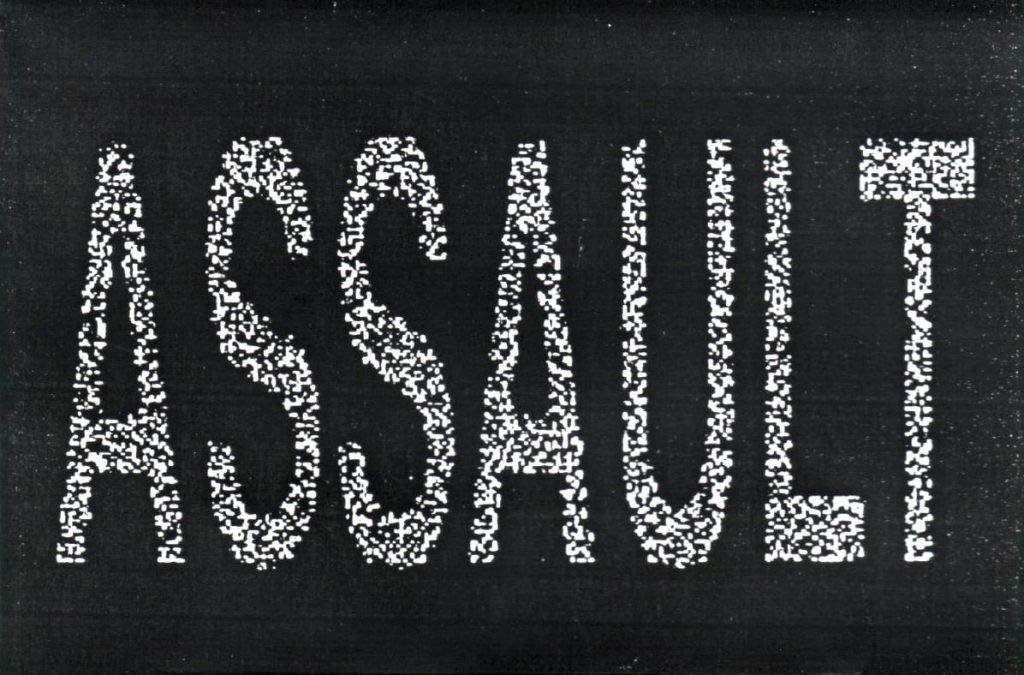 Assault: Textured graphic design in black and white.