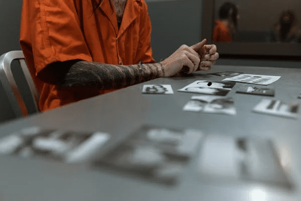 Prisoner reviewing evidence photos during NSW criminal trial. Rules of evidence apply.
