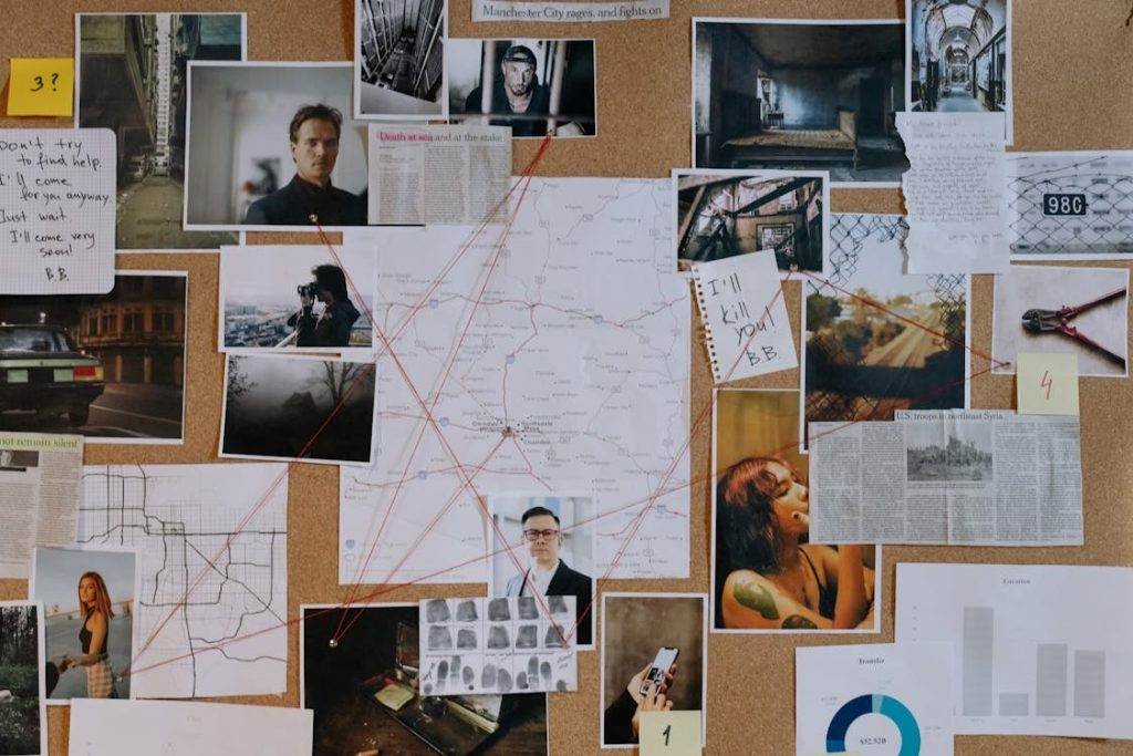 A detective's evidence board with photos, notes, and maps connected by red strings, illustrating a criminal investigation process.