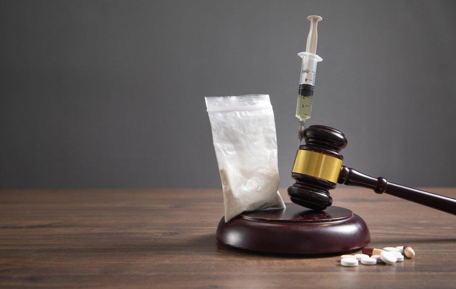 Gavel, syringe, packet of powder, and pills symbolize Drug Manufacturing Penalties NSW: Maximum Sentences.