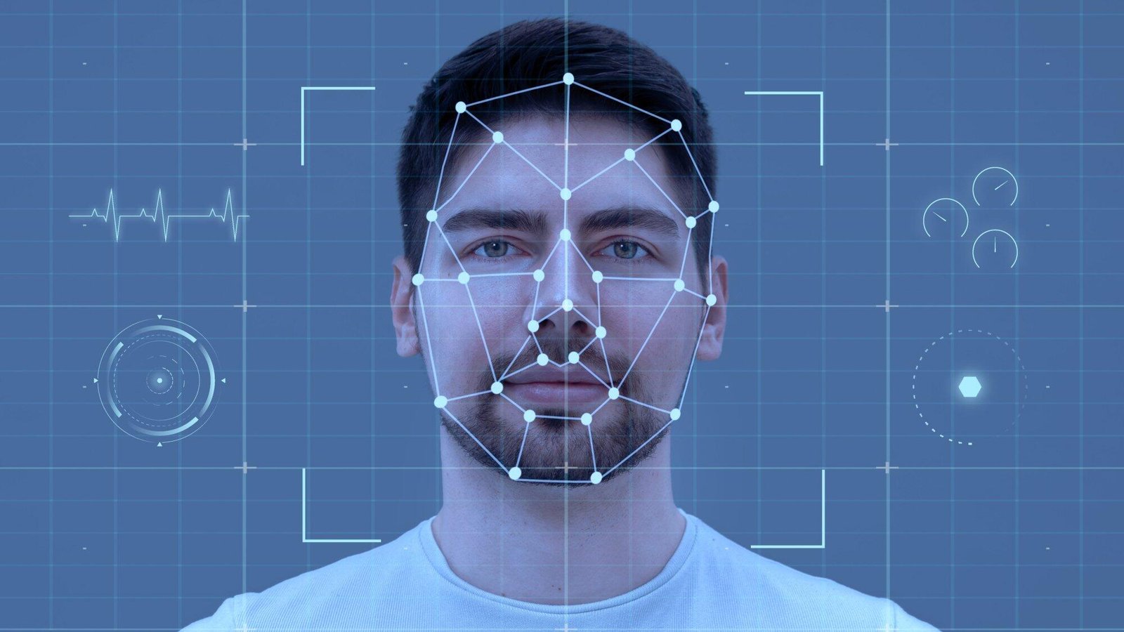 Facial recognition grid on a man's face, symbolizing deepfake crime concerns in NSW.