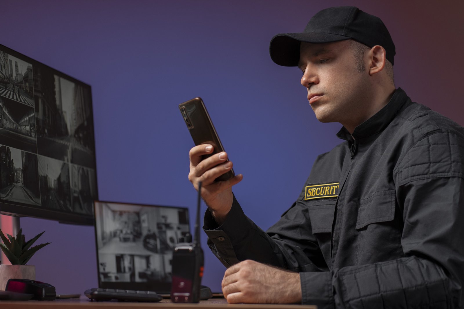 Security officer examines phone with surveillance monitors, raising question: can police search your phone without a warrant in NSW?