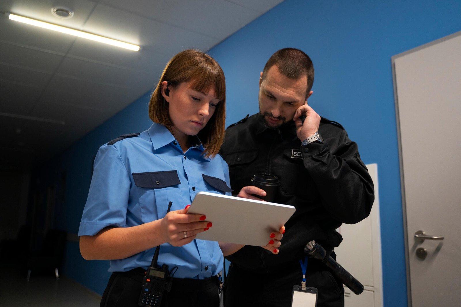 Two security officers review information on a tablet, related to law enforcement conduct commission activities.
