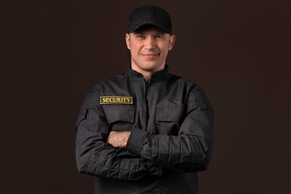 Security guard in uniform, arms crossed, with a serious expression; context on "can a security guard touch me.