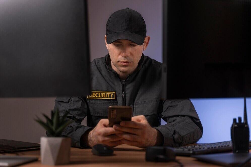 Security officer at desk holding a phone, contemplating if police can make you unlock your phone.