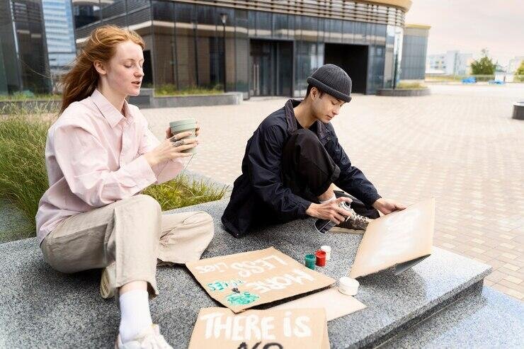Two young adults create protest signs, reading "Less Waste, More" and "There is No," illustrating NSW squatting laws.