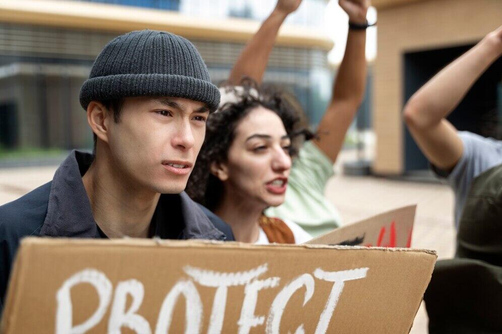 Protestors holding signs reading "Protect". NSW riot offences may apply.