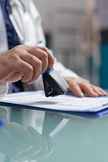 Doctor's hands stamping medical document. NSW consent to medical treatment.