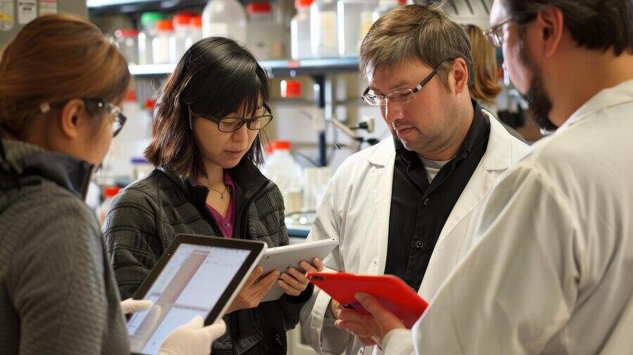 Scientists collaborating on tablets in a lab.