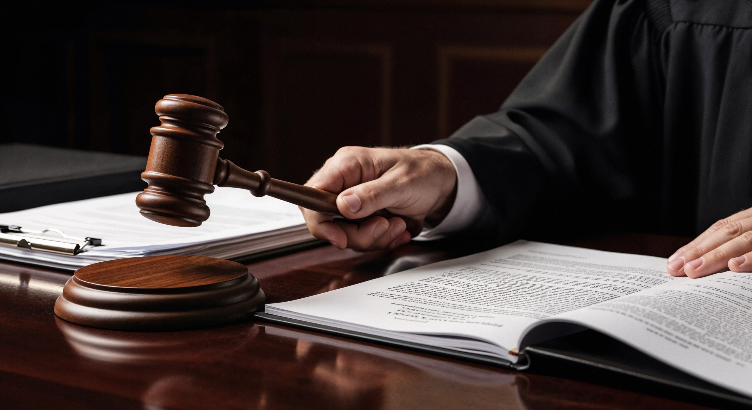 Judge's gavel and legal documents on a courtroom desk